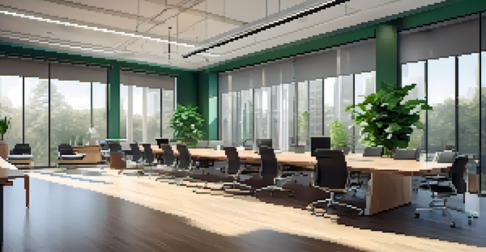 A spacious and bright modern office with a large wooden conference table, ergonomic chairs, and laptops visible, indicating a team meeting.