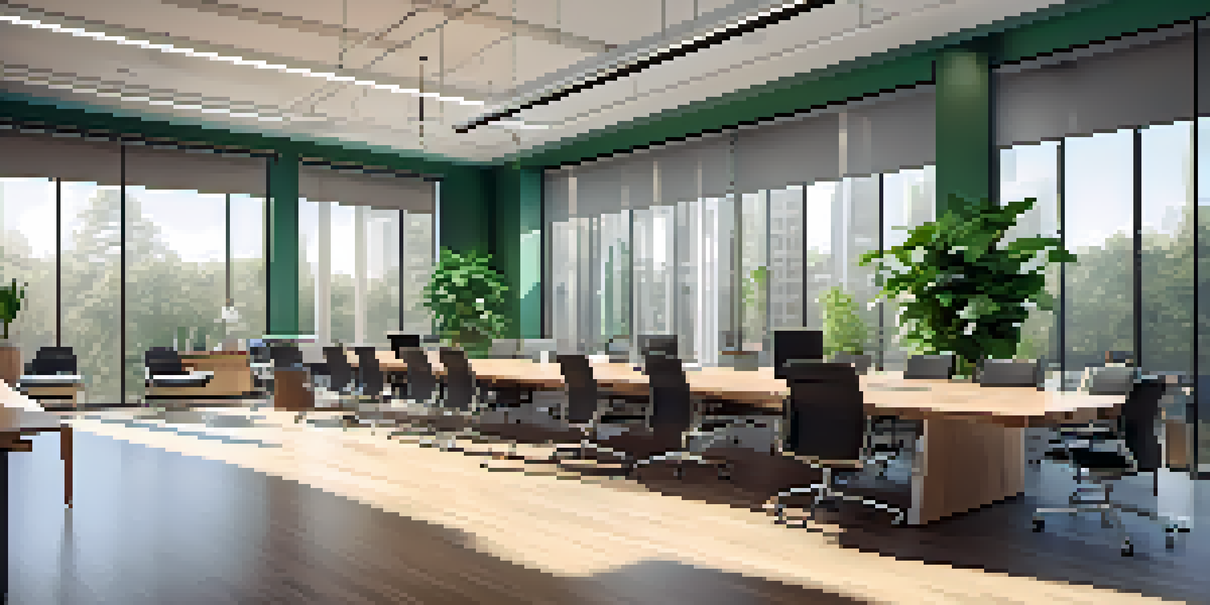 A spacious and bright modern office with a large wooden conference table, ergonomic chairs, and laptops visible, indicating a team meeting.