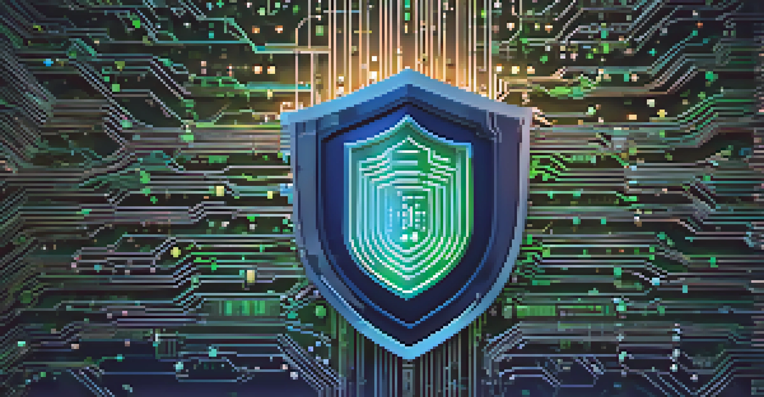 An abstract digital shield made of binary code and circuits, glowing in blue and green, with a cityscape blurred in the background.