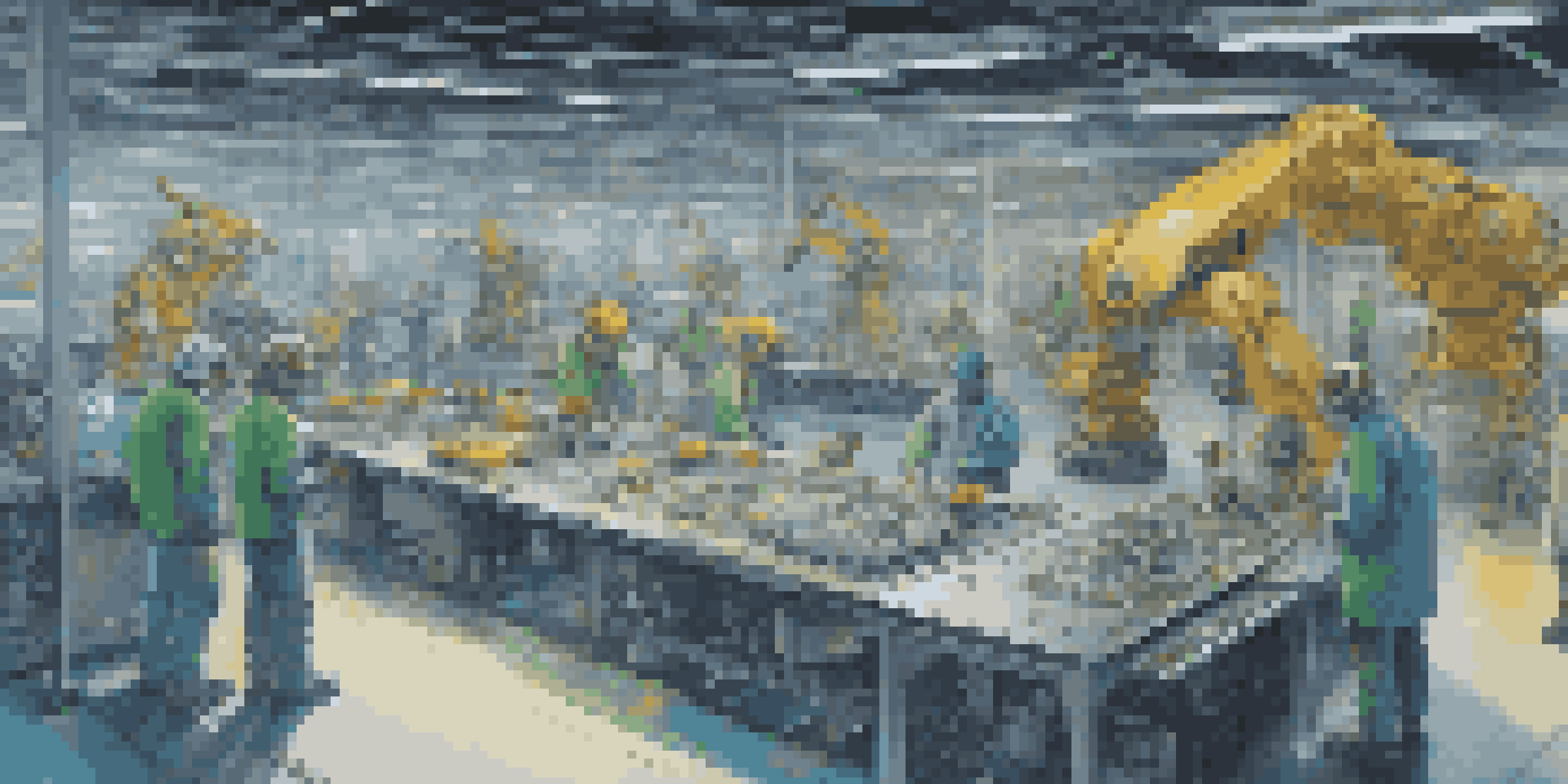A modern manufacturing floor featuring robots and machines interacting smoothly, with workers monitoring operations and data displayed on screens.