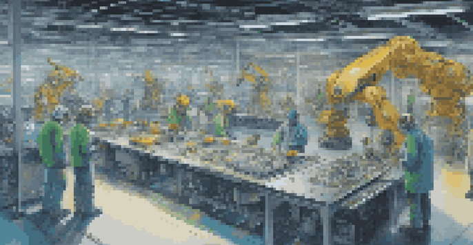 A modern manufacturing floor featuring robots and machines interacting smoothly, with workers monitoring operations and data displayed on screens.