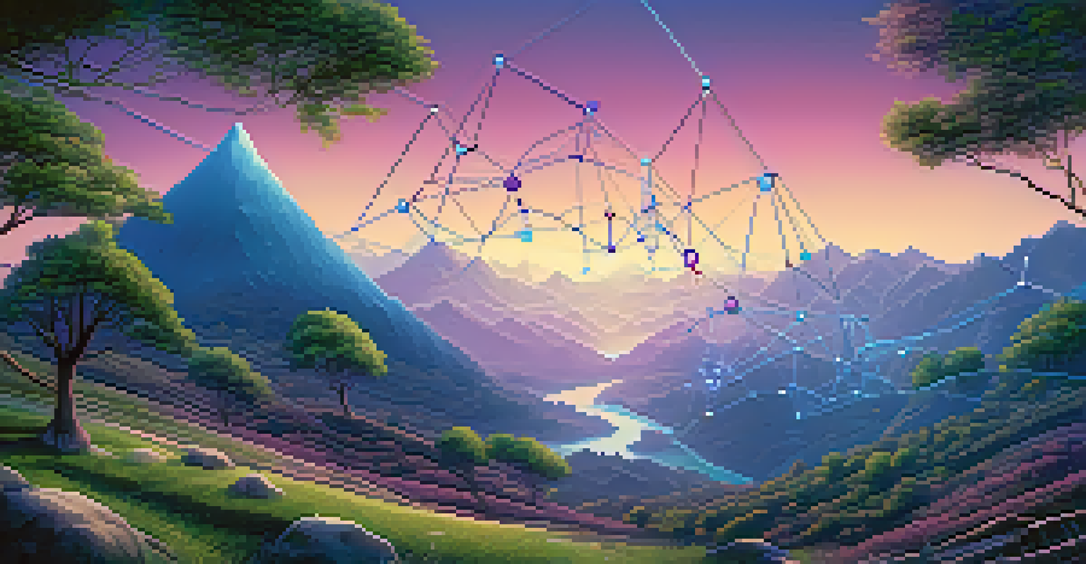 A serene landscape with a blockchain network visualized over a tranquil mountain scene, featuring a blue and purple sky.