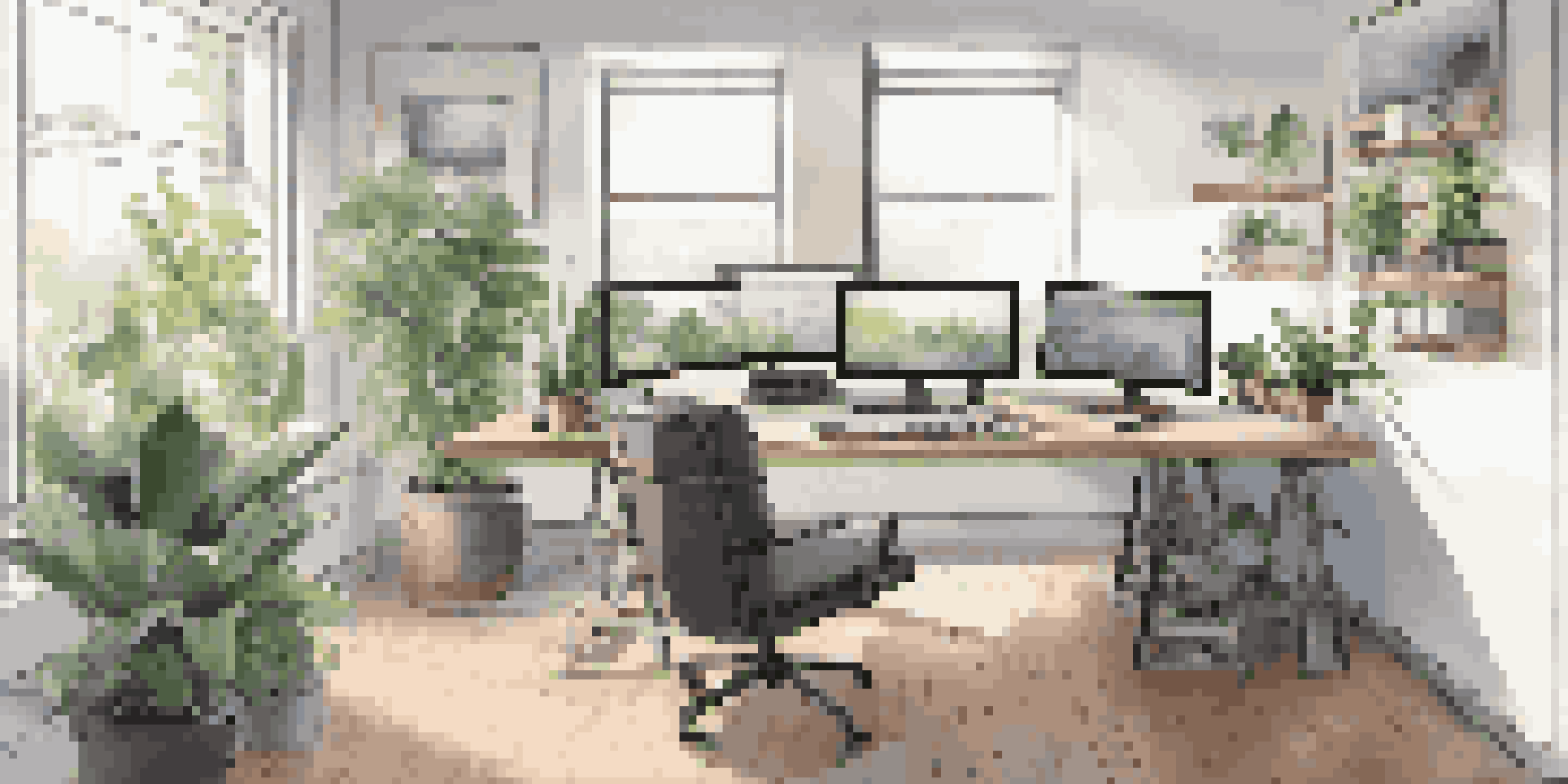 A bright and organized modern workspace with dual monitors showing user interface designs, potted plants, and design tools on the desk.