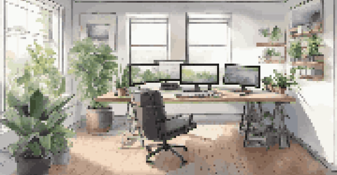 A bright and organized modern workspace with dual monitors showing user interface designs, potted plants, and design tools on the desk.