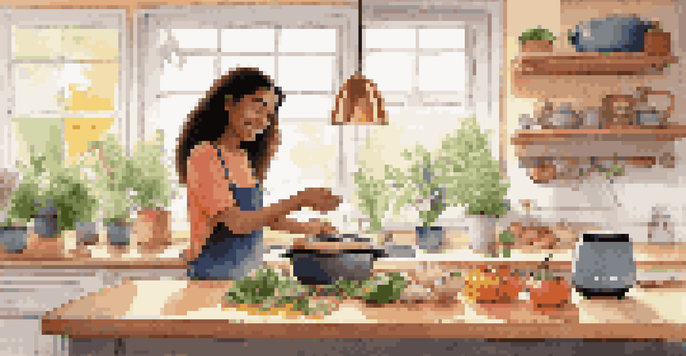 A woman in a bright kitchen cooking while talking to a smart speaker, surrounded by colorful spices and fresh ingredients.