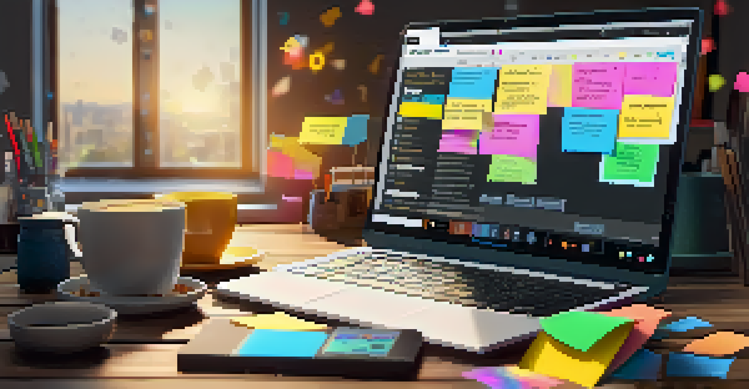A digital workspace with a laptop displaying an app store optimization dashboard, colorful sticky notes, and a cup of coffee, illuminated by sunlight.