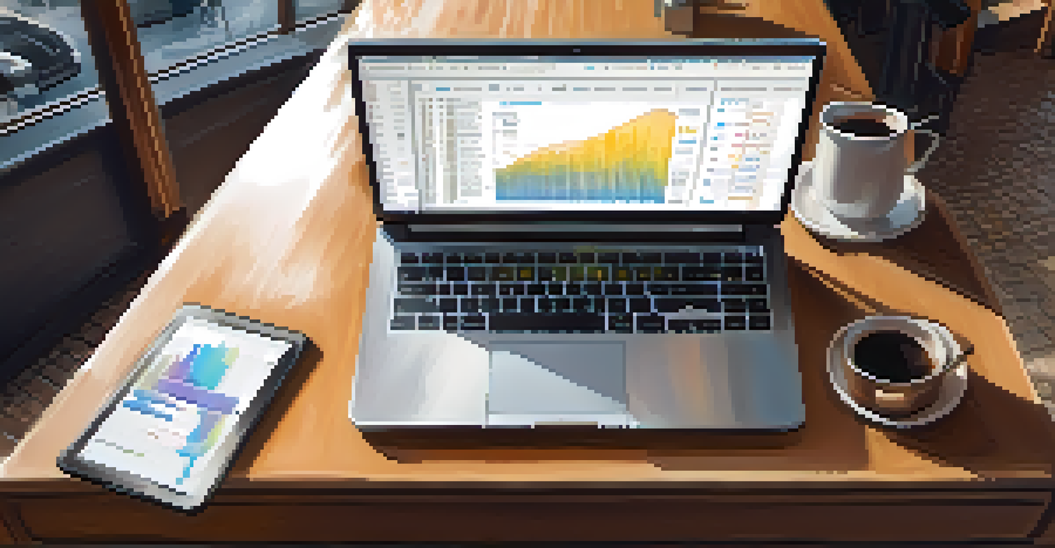 A person working on data analytics in a coffee shop, with a laptop displaying real-time dashboards and a warm, cozy atmosphere.