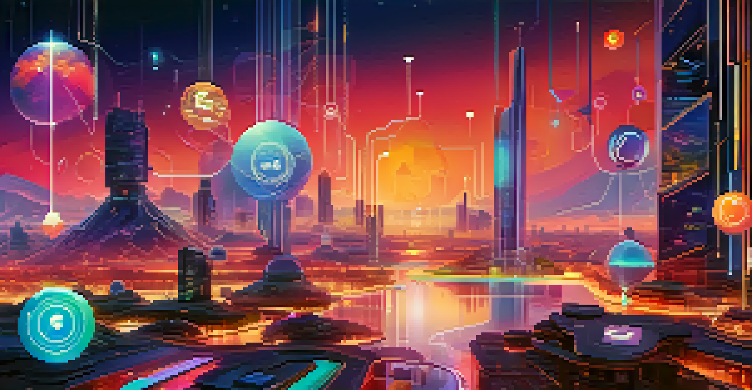 A futuristic digital landscape symbolizing the future of mobile app development, with abstract shapes and glowing elements representing AI and IoT.