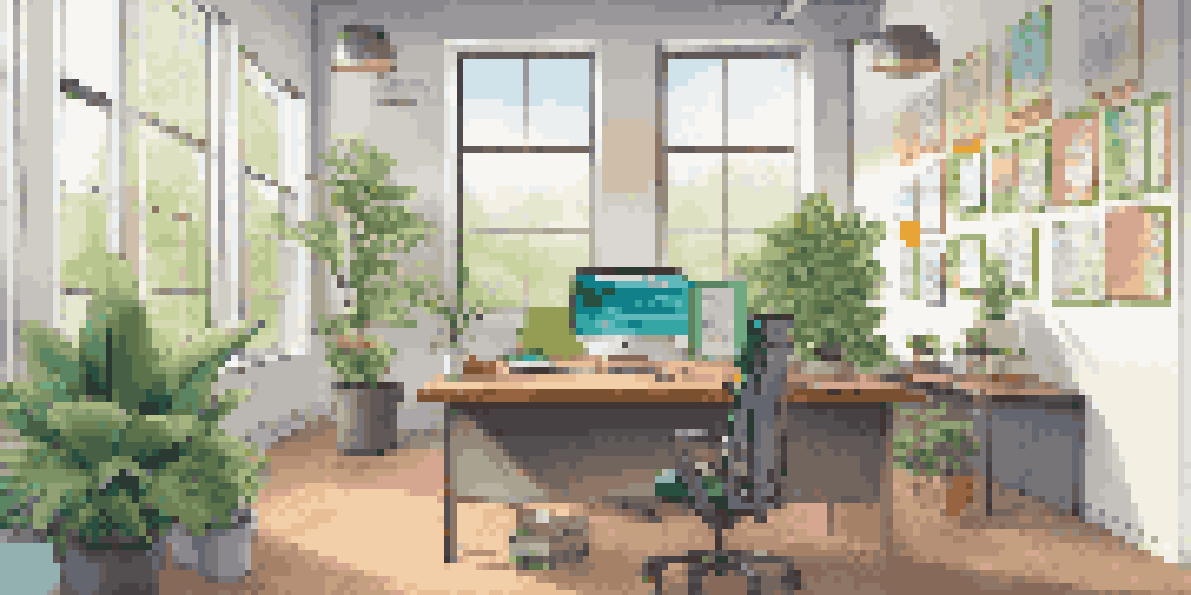 An office space designed with user-centric principles, featuring a laptop on a wooden desk, colorful sticky notes, a comfortable chair, and green plants in a bright room.