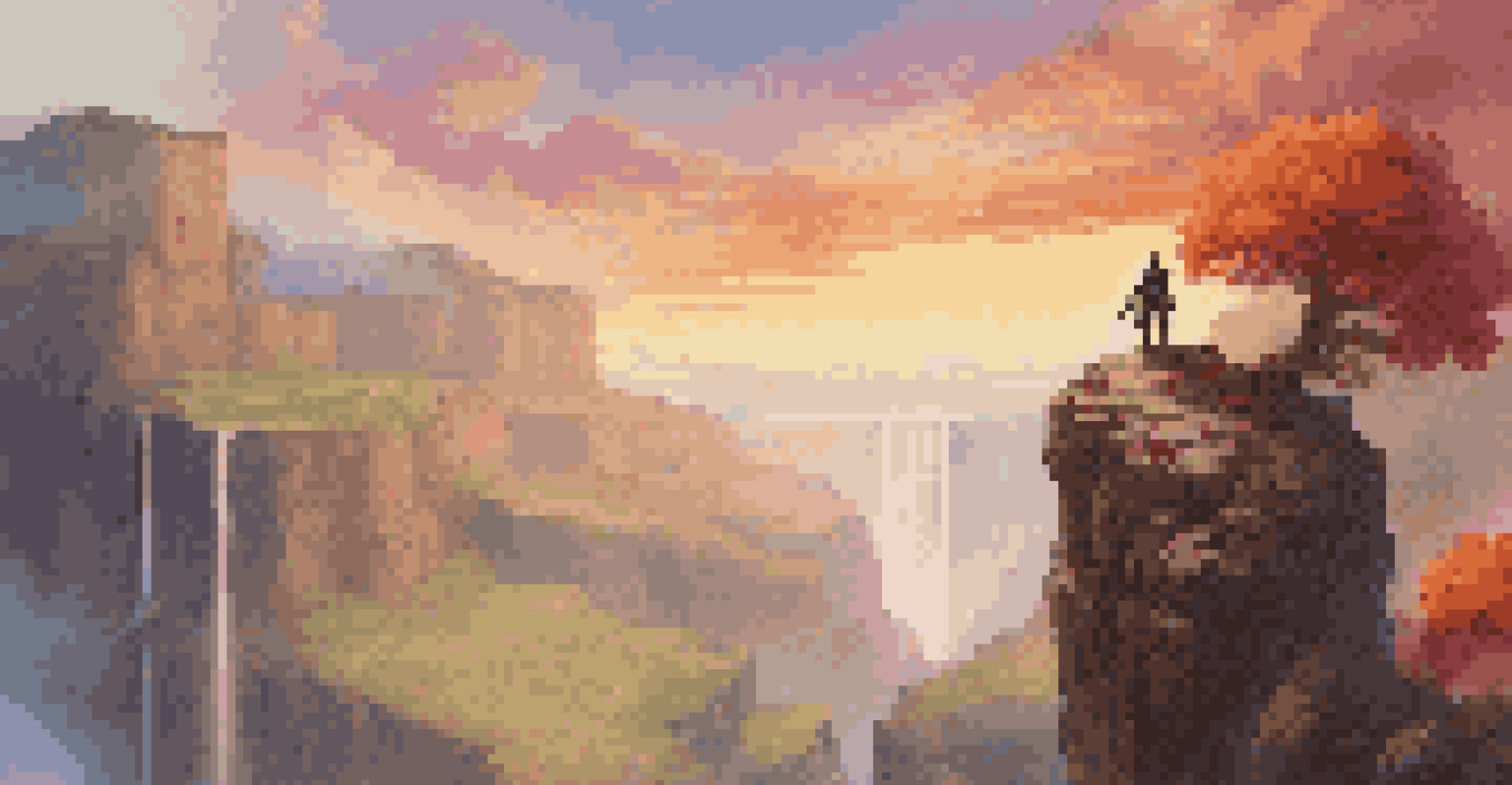 A fantasy landscape with a player character on a cliff, colorful plants, and a sunset sky.