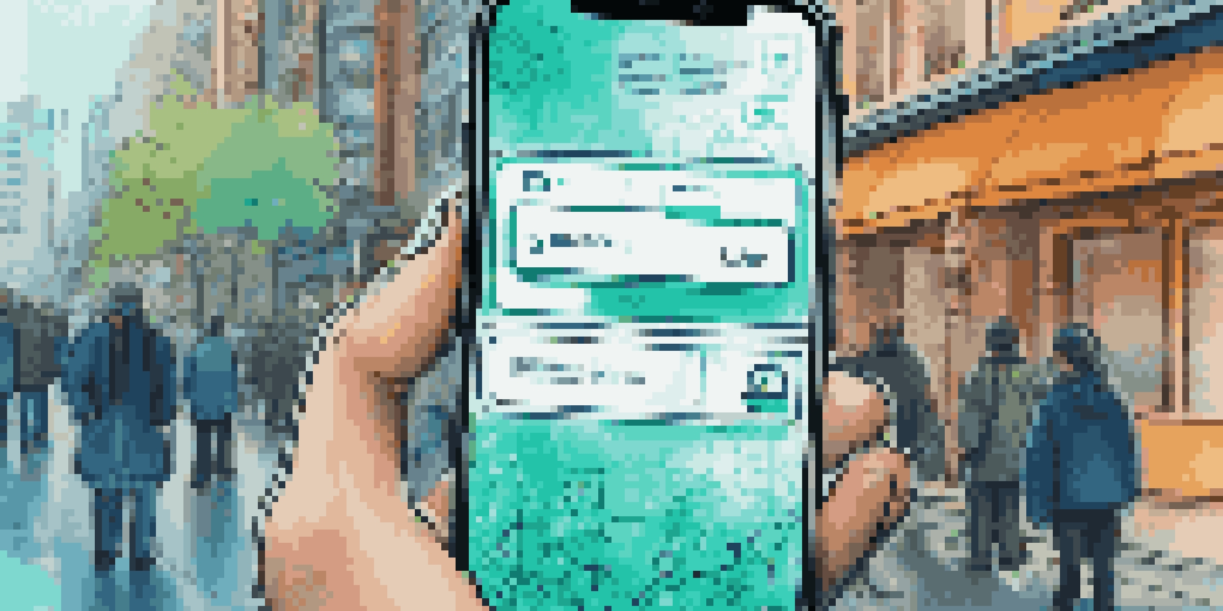 A smartphone displaying a digital wallet interface for blockchain identity verification, with a blurred city background.