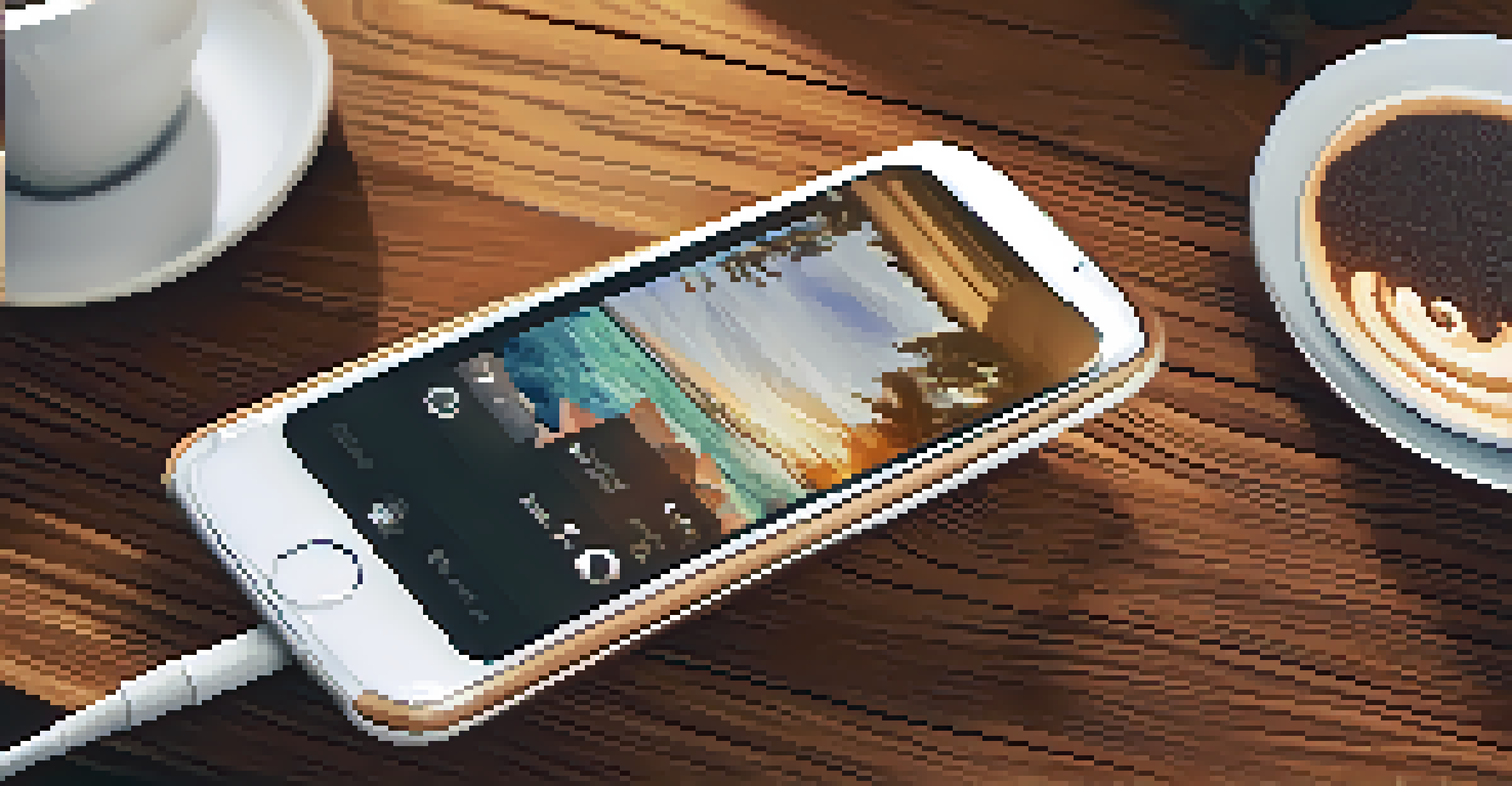 A smartphone showing an Instagram feed with attractive posts, placed on a table with coffee cups and a notebook.