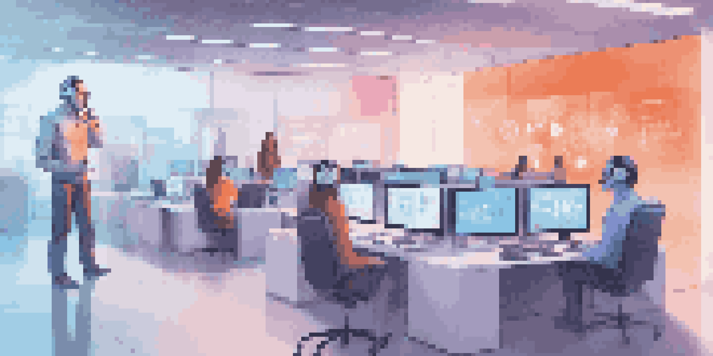 A customer support center featuring a human agent on a headset and an AI interface on a screen, with a bright and inviting atmosphere.