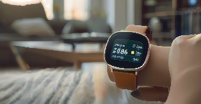 A close-up of a smartwatch showing health metrics in a warm, cozy living room setting.