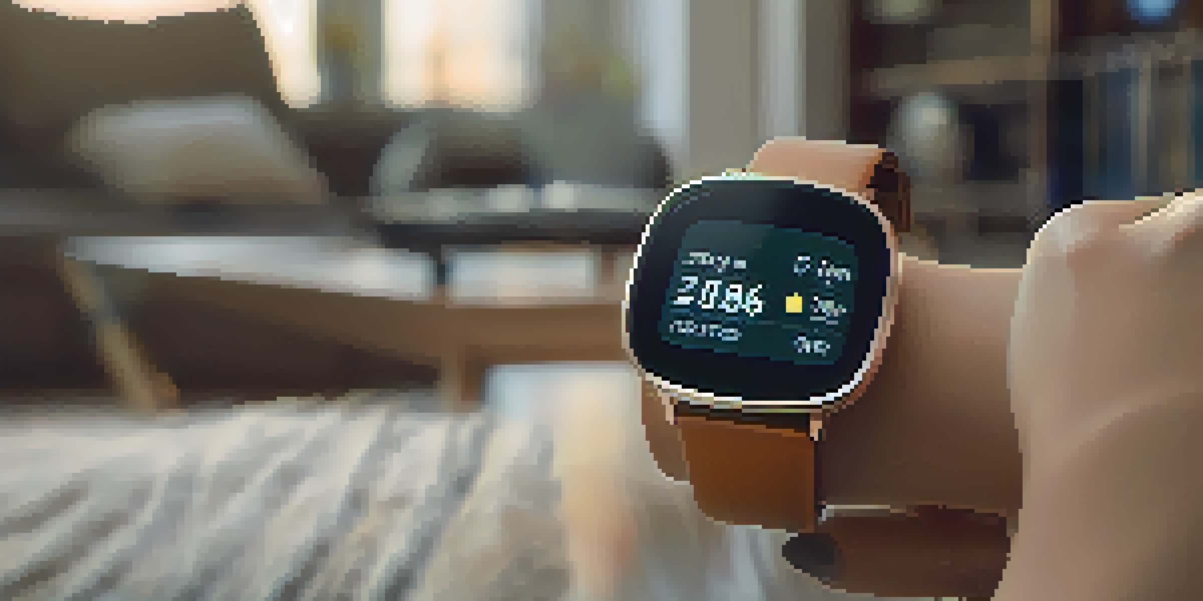 A close-up of a smartwatch showing health metrics in a warm, cozy living room setting.