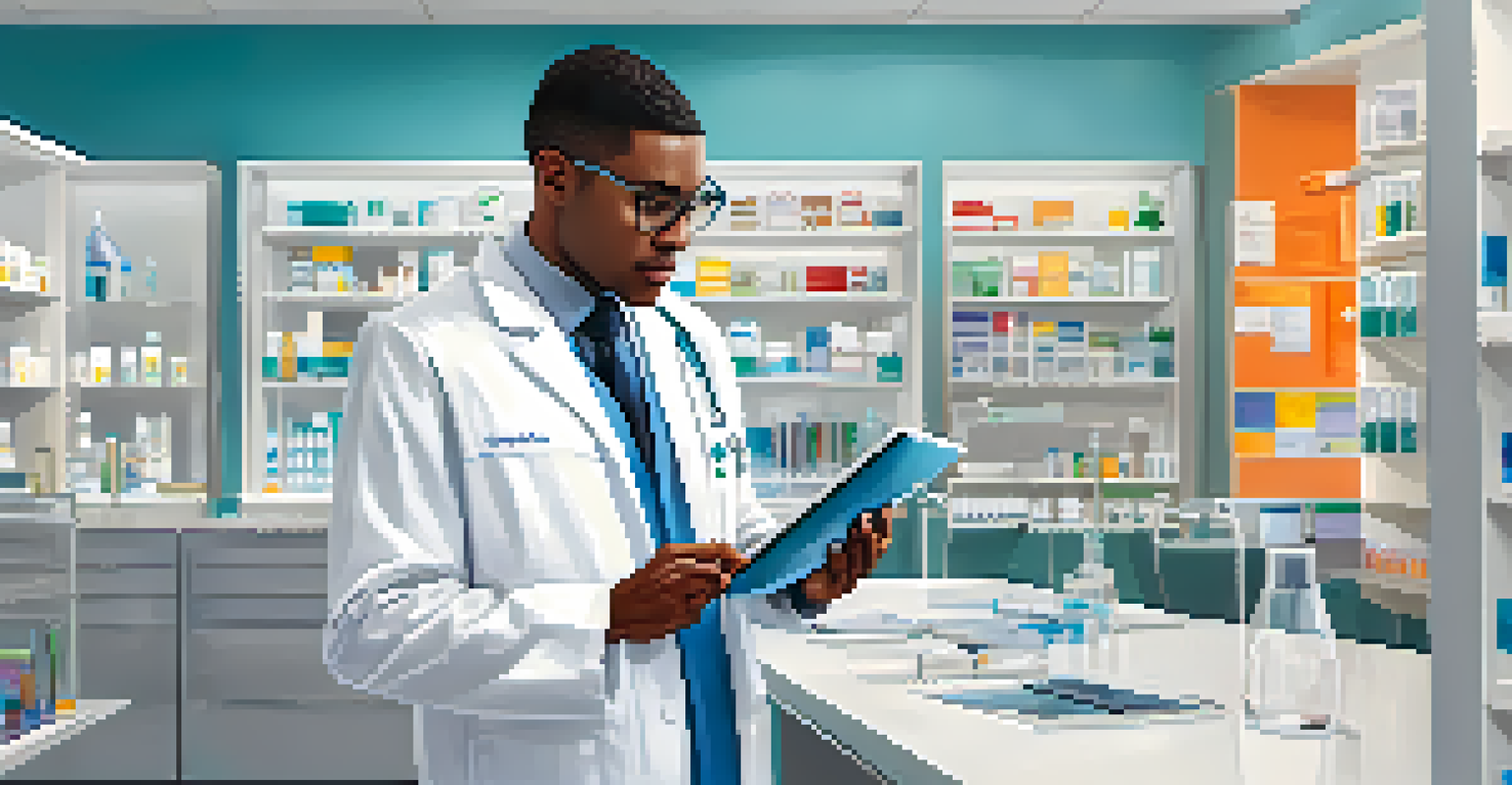 A healthcare professional in a clinic analyzing patient data on a tablet, surrounded by medical supplies.