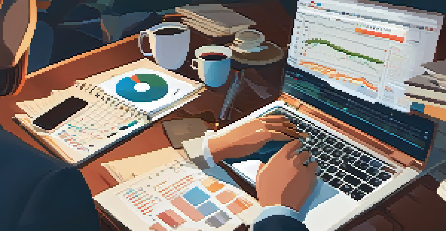 A close-up of hands typing on a laptop with financial graphs on the screen, surrounded by reports and a coffee mug.
