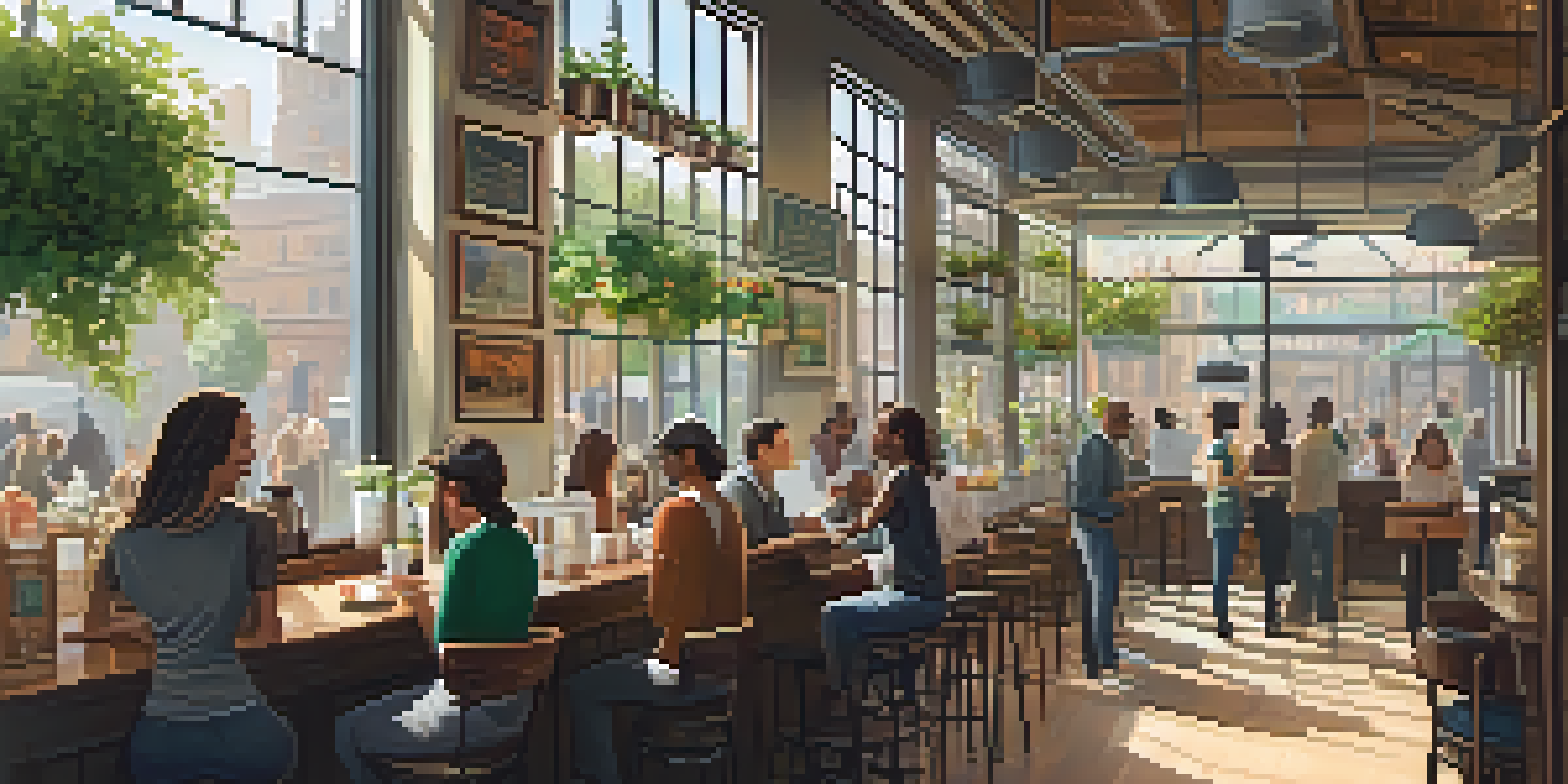 A busy coffee shop filled with people talking and baristas making drinks, with sunlight coming through the windows and a cozy, rustic decor.