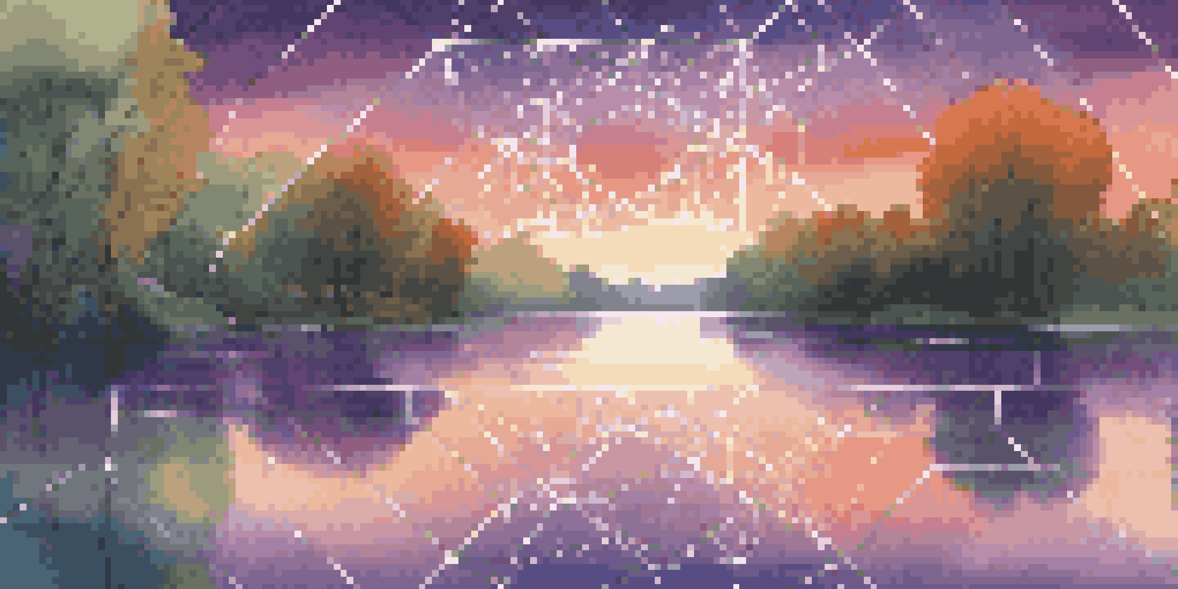 A peaceful sunset landscape featuring a digital network of glowing blocks and nodes above a lake, with vibrant orange and purple colors in the sky.