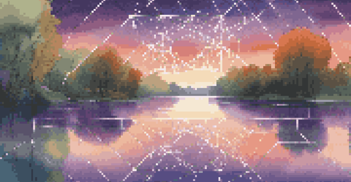 A peaceful sunset landscape featuring a digital network of glowing blocks and nodes above a lake, with vibrant orange and purple colors in the sky.