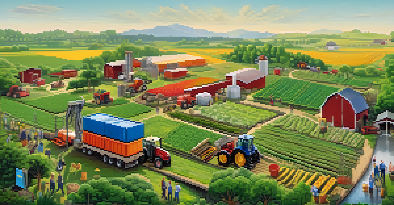 An illustration showing a sustainable supply chain with farmers, manufacturers, and consumers in a vibrant landscape.