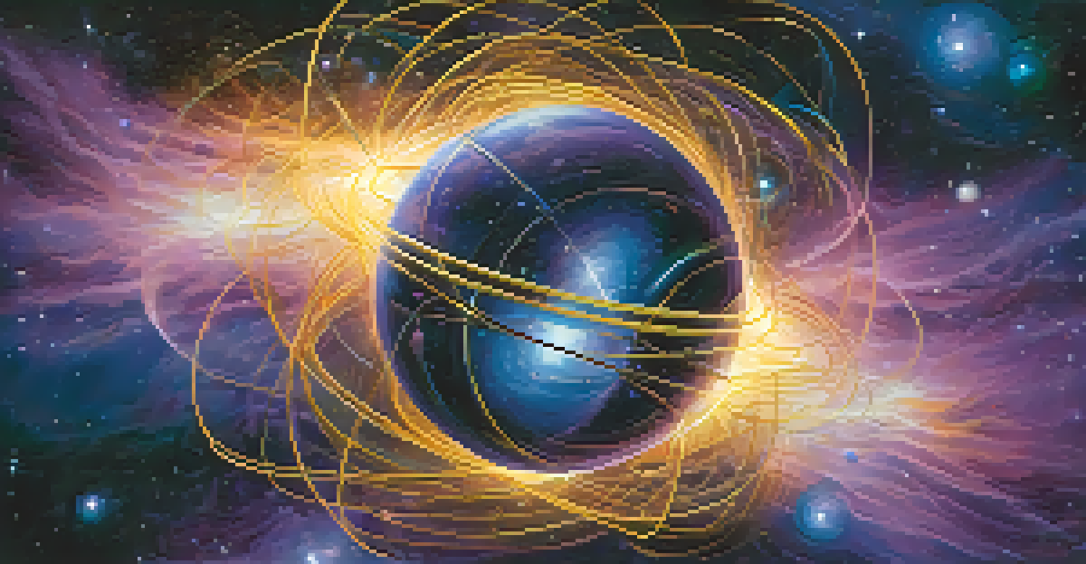 An abstract depiction of quantum entanglement with glowing spheres and a cosmic background.