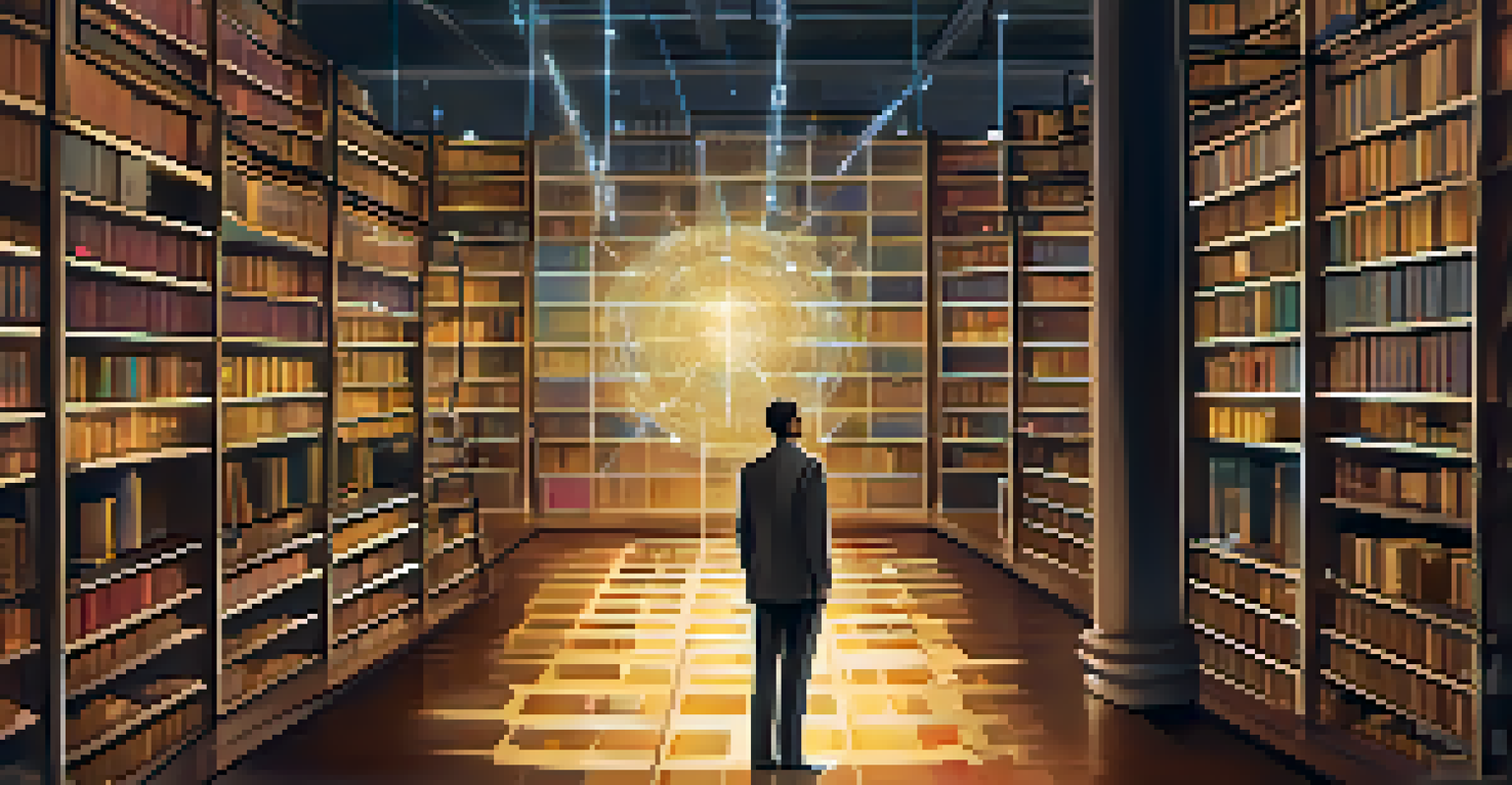 A creative depiction of a data warehouse as a library, with books labeled as data sources and a person analyzing data on a holographic interface.