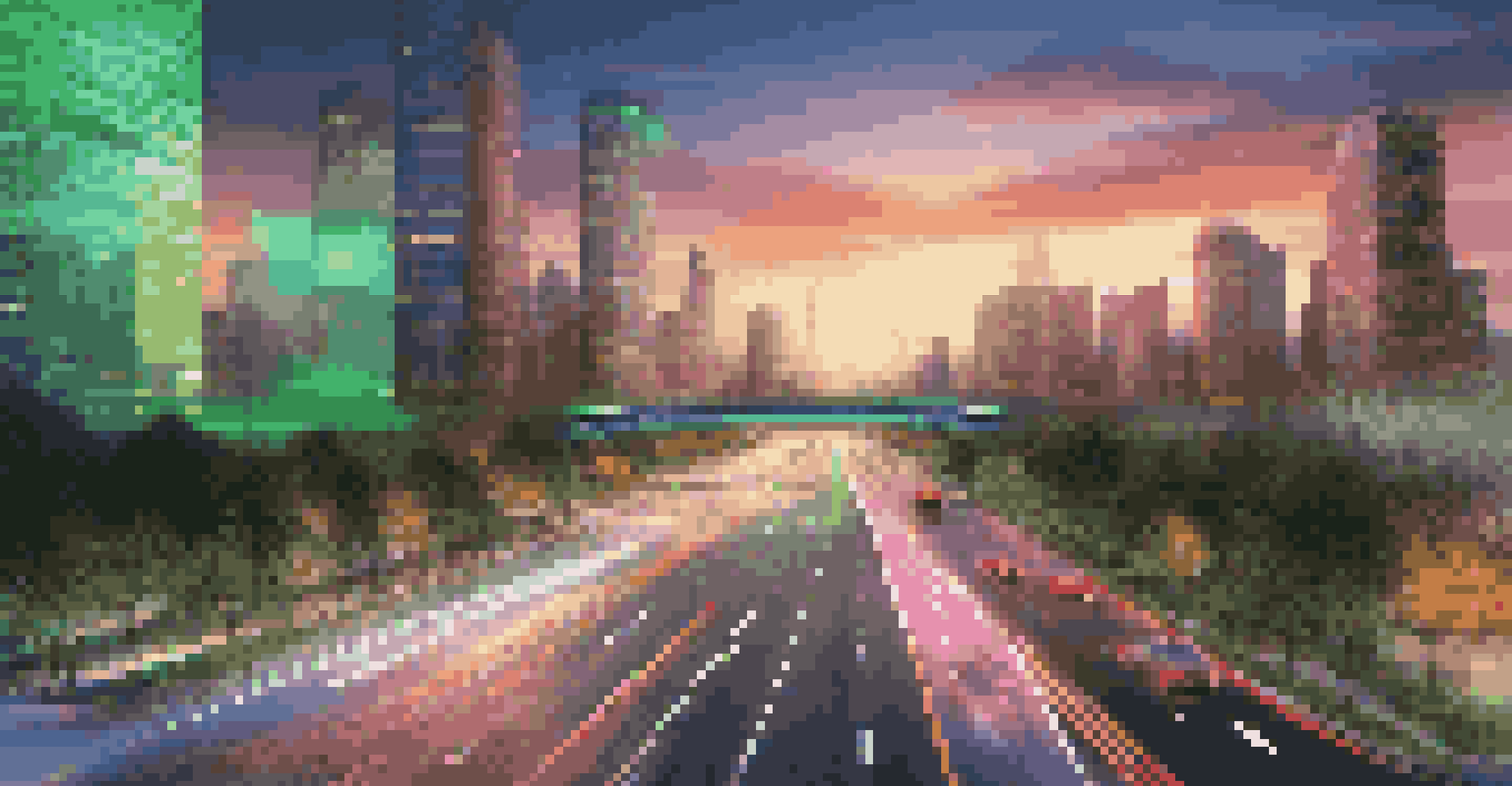 A city skyline at sunset with digital overlays showing smart traffic systems and real-time data.