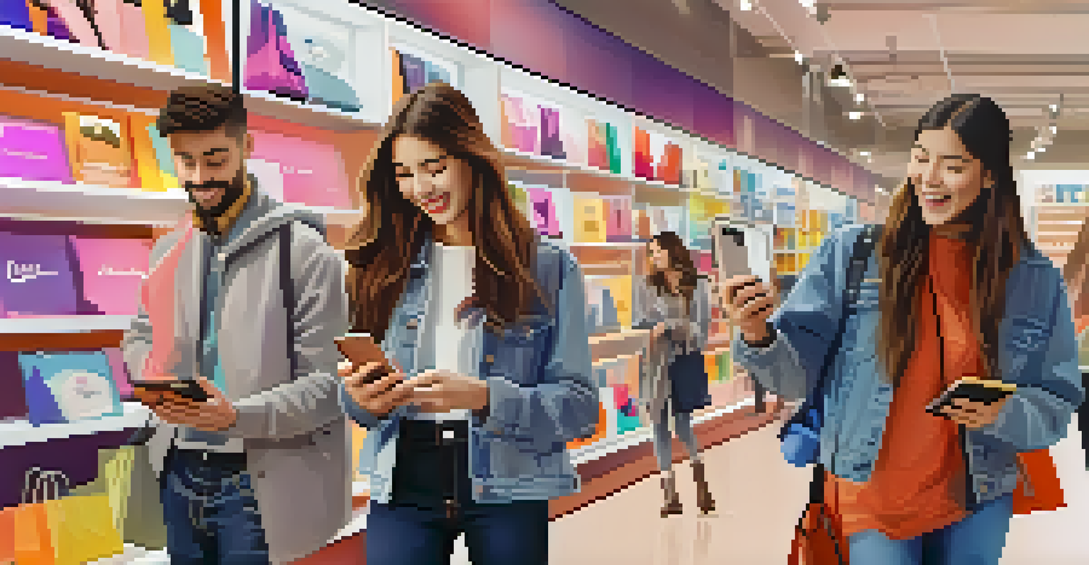 A group of young shoppers excitedly using augmented reality on their smartphones in a vibrant store, trying on virtual accessories.
