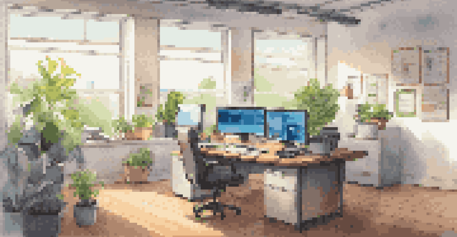 An office workspace with a computer displaying energy metrics, showcasing an eco-friendly environment.