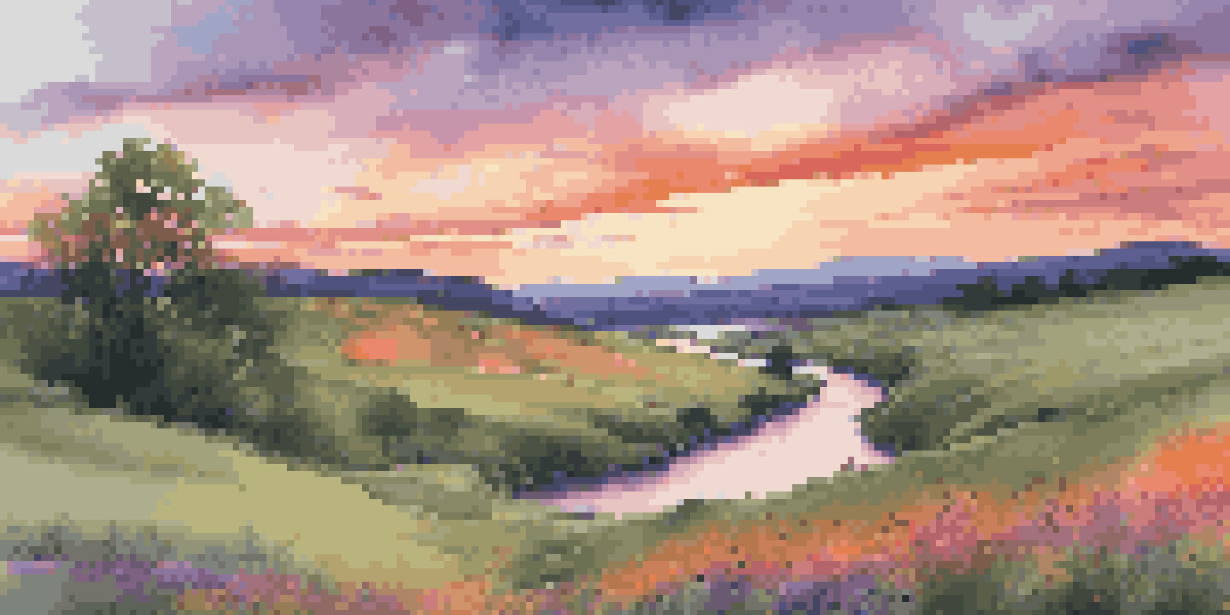 A peaceful landscape featuring rolling hills and a vibrant sunset with a winding river and blooming wildflowers in the foreground.