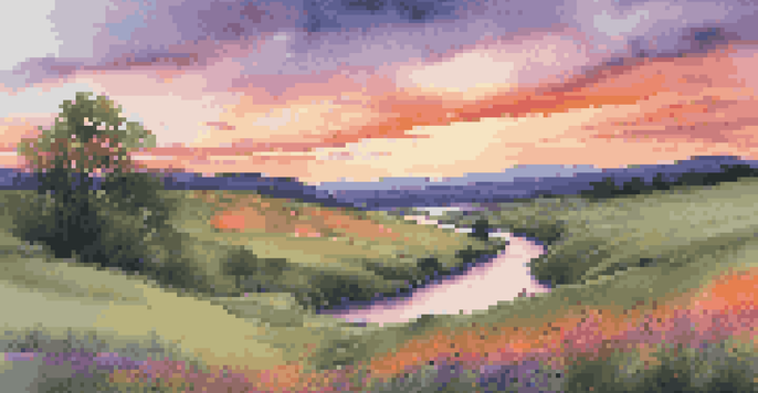 A peaceful landscape featuring rolling hills and a vibrant sunset with a winding river and blooming wildflowers in the foreground.