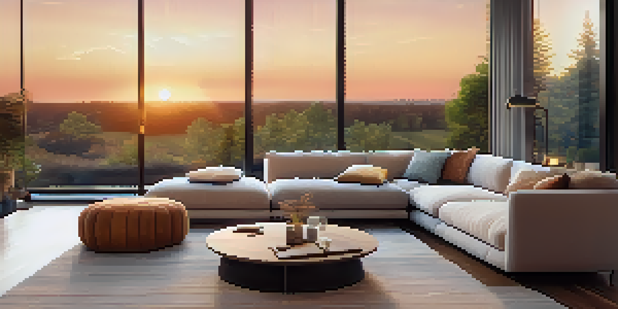 A cozy living room with smart technology, including a thermostat and adjustable lights, with a sunset visible through the window.