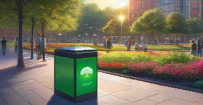 A smart waste bin in a lush urban park, glowing to indicate fullness, with people and greenery around.