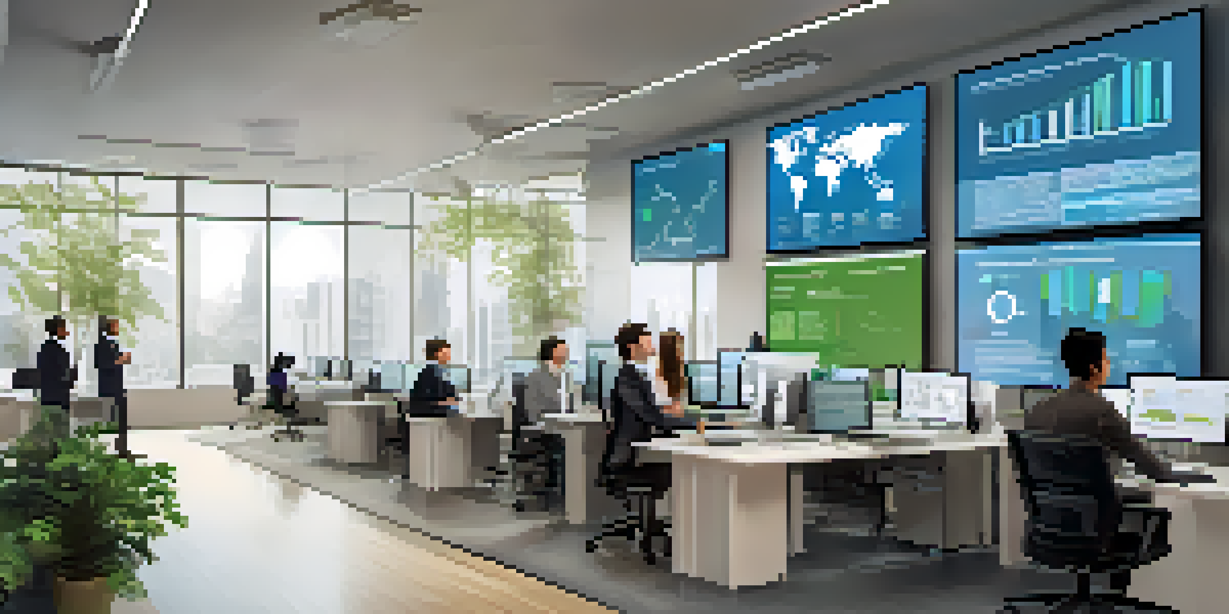A diverse group of recruitment professionals in a modern office discussing data analysis, with charts and graphs displayed on screens.