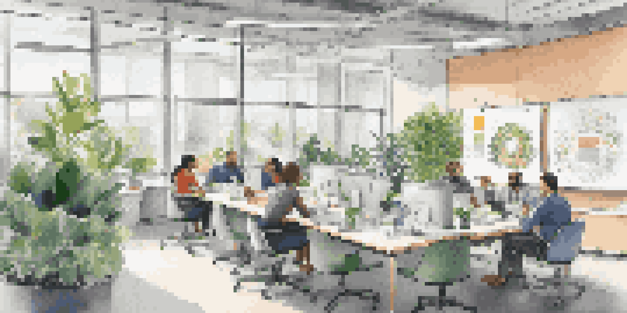 A bright office space with employees sharing knowledge around a circular table, surrounded by whiteboards and indoor plants.