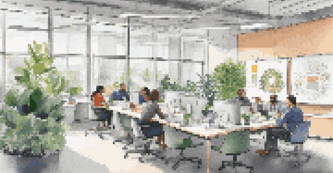 A bright office space with employees sharing knowledge around a circular table, surrounded by whiteboards and indoor plants.