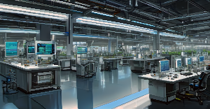 An advanced smart factory with IoT sensors, machinery, and real-time data screens in a well-lit environment.