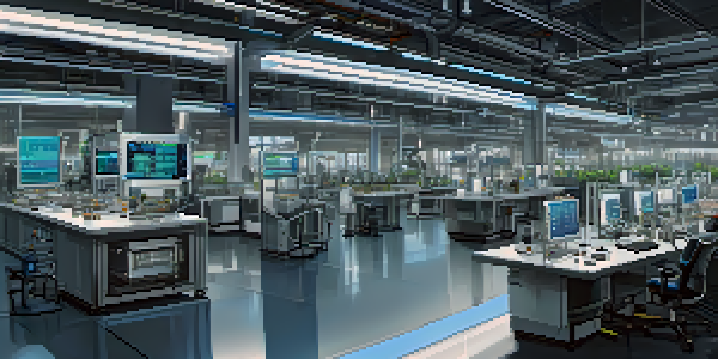 An advanced smart factory with IoT sensors, machinery, and real-time data screens in a well-lit environment.