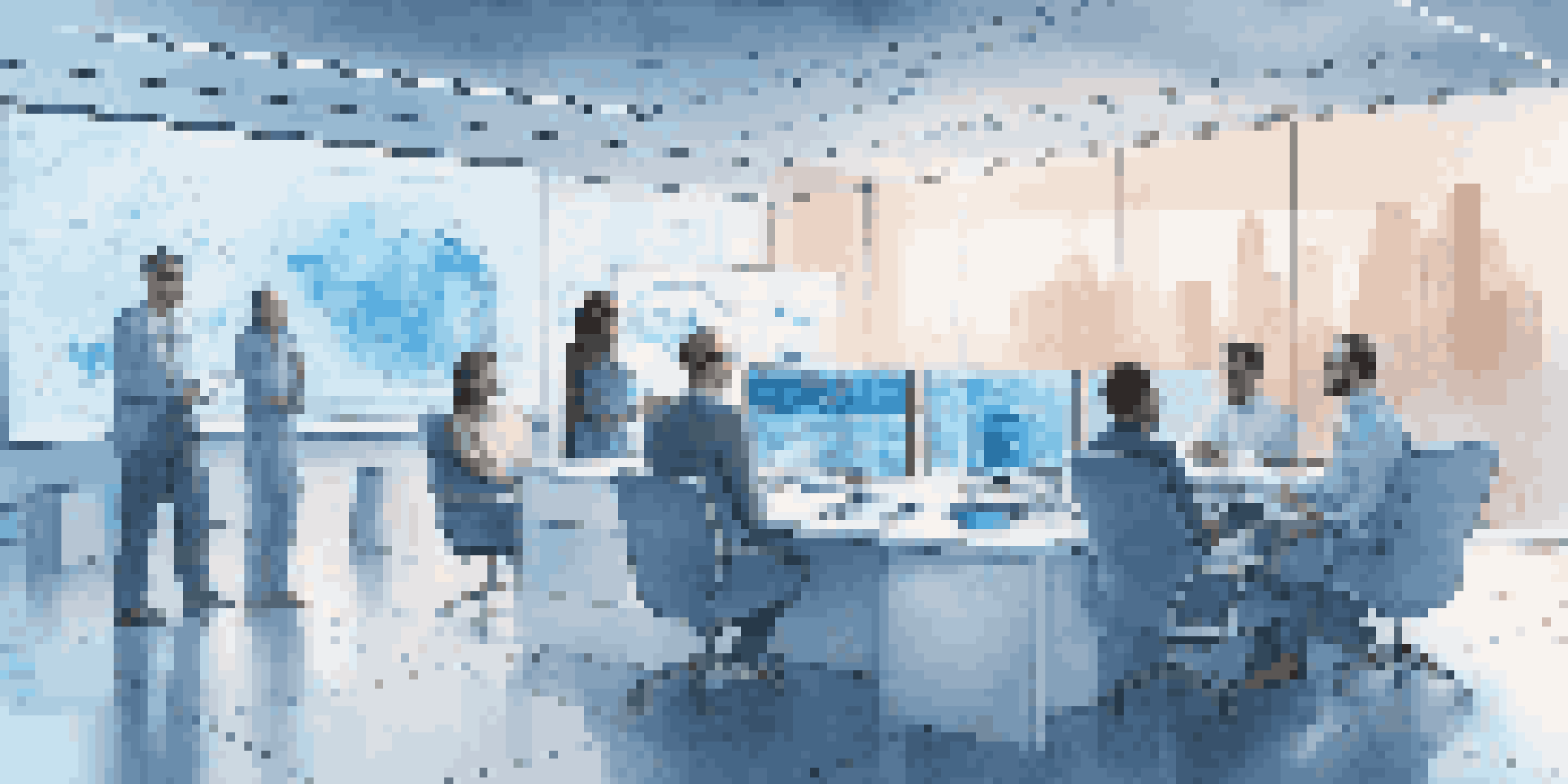 A modern office environment showcasing AI technology, with professionals discussing data analytics and transformation strategies.