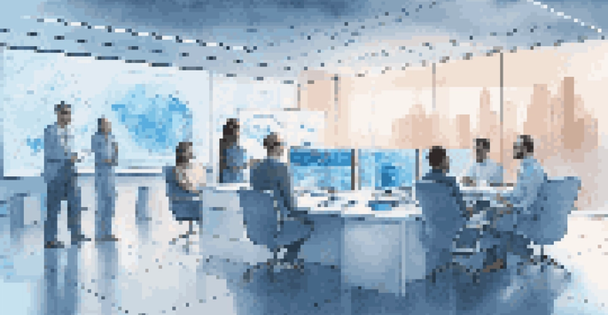 A modern office environment showcasing AI technology, with professionals discussing data analytics and transformation strategies.