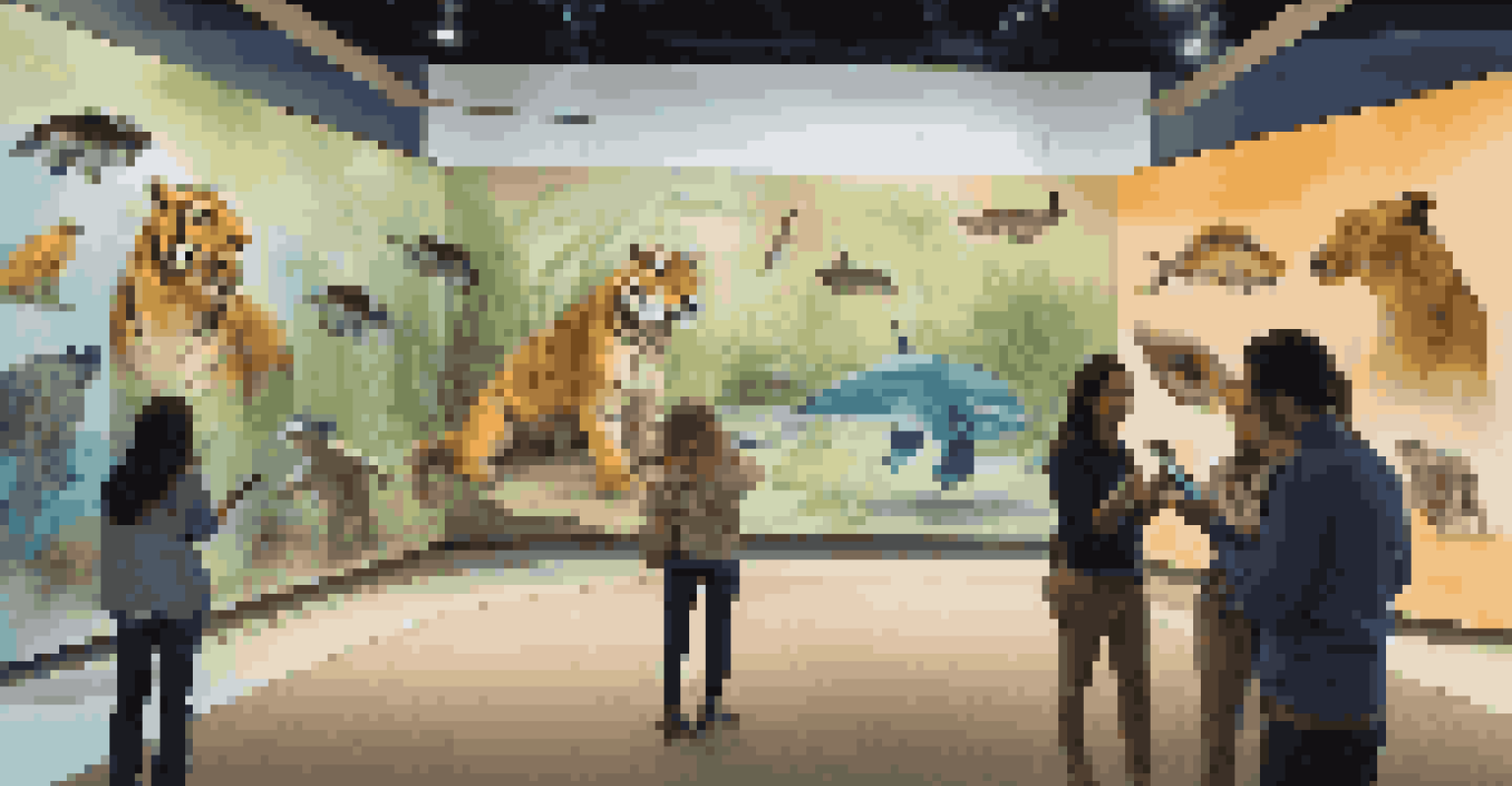 Museum visitors interacting with augmented reality displays of endangered species using smartphones.