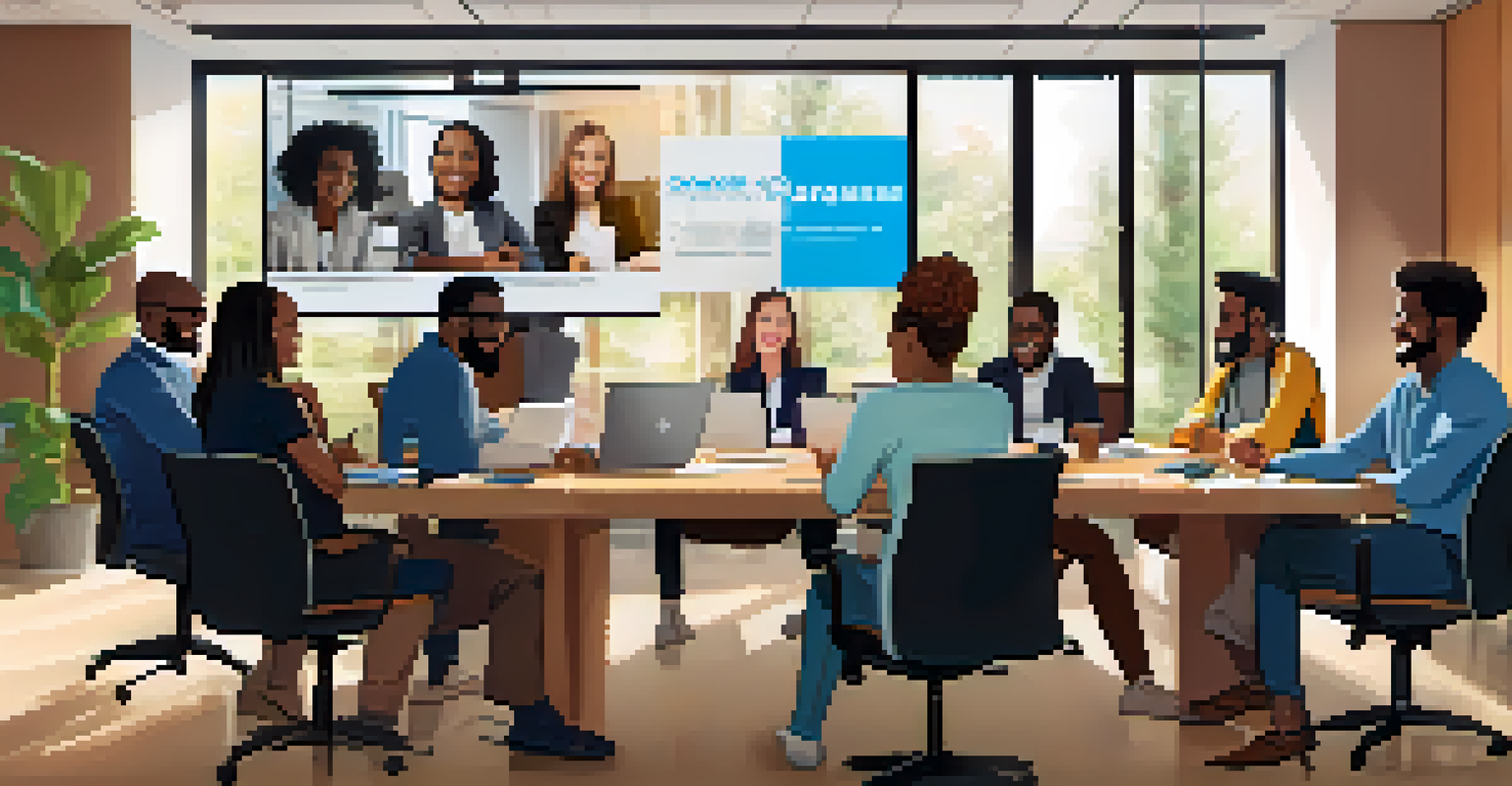 A diverse team in a conference room engaged in a video call, with laptops and a large screen displaying participants.