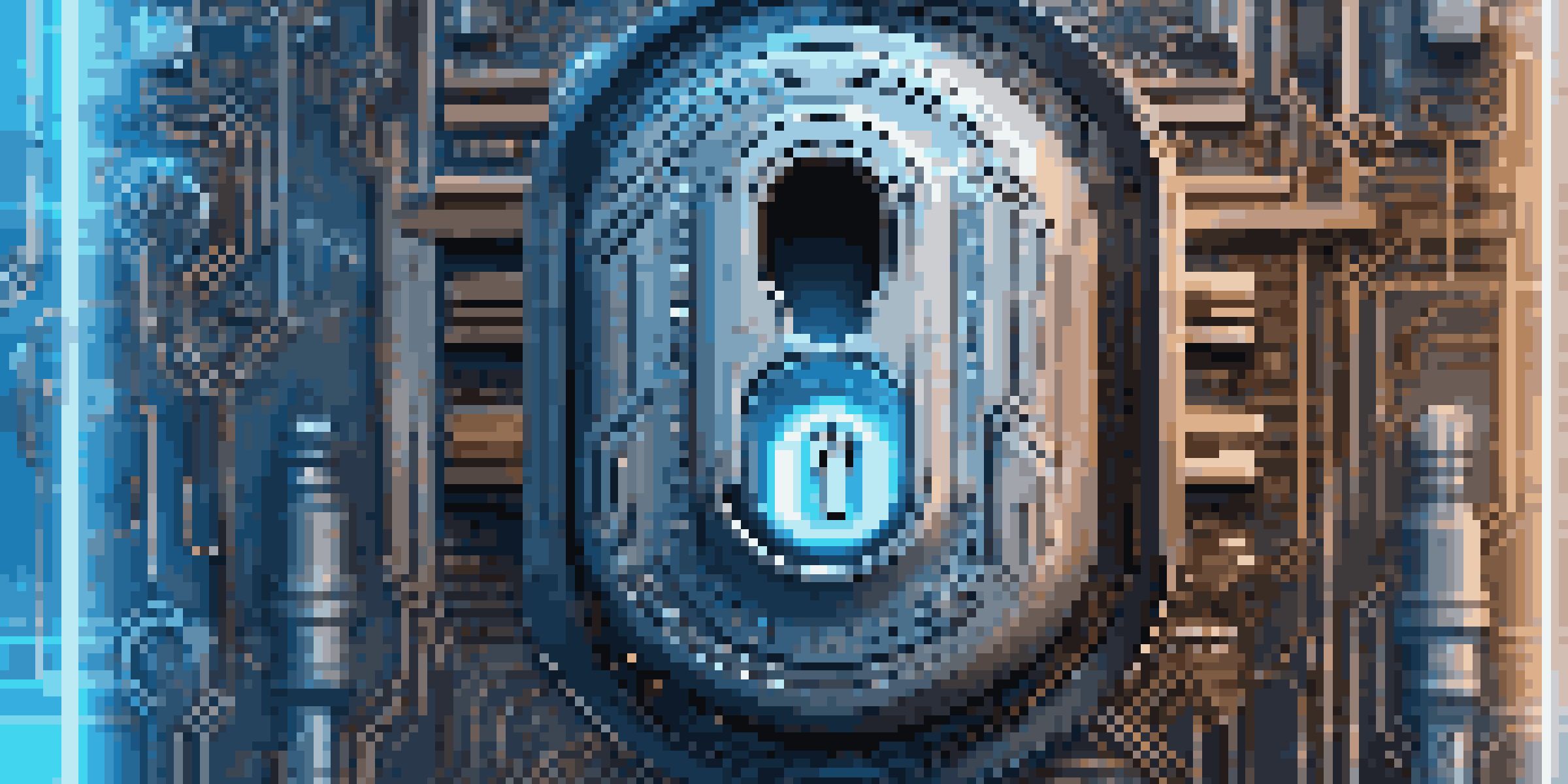 A digital lock depicted with glowing circuits and a fingerprint scan overlay, symbolizing security.