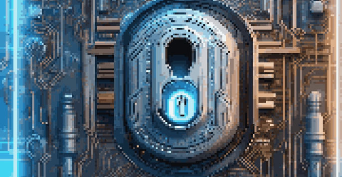 A digital lock depicted with glowing circuits and a fingerprint scan overlay, symbolizing security.