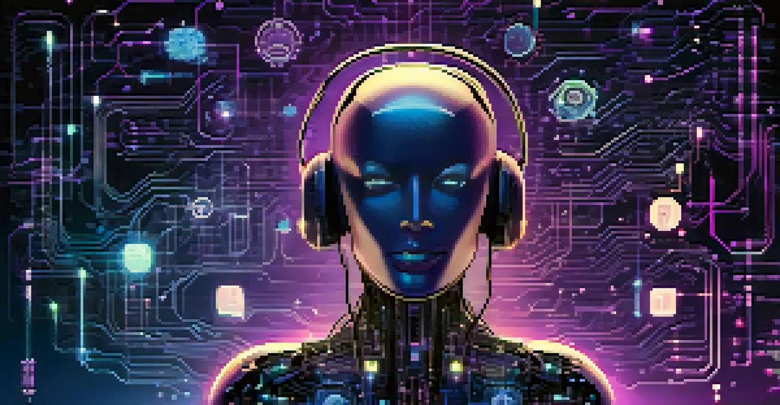 An abstract humanoid chatbot with glowing circuits, surrounded by data streams and communication icons in a futuristic setting.
