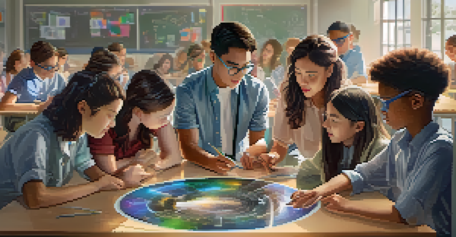Students collaborating in a classroom using augmented reality glasses, with holographic displays of historical figures.