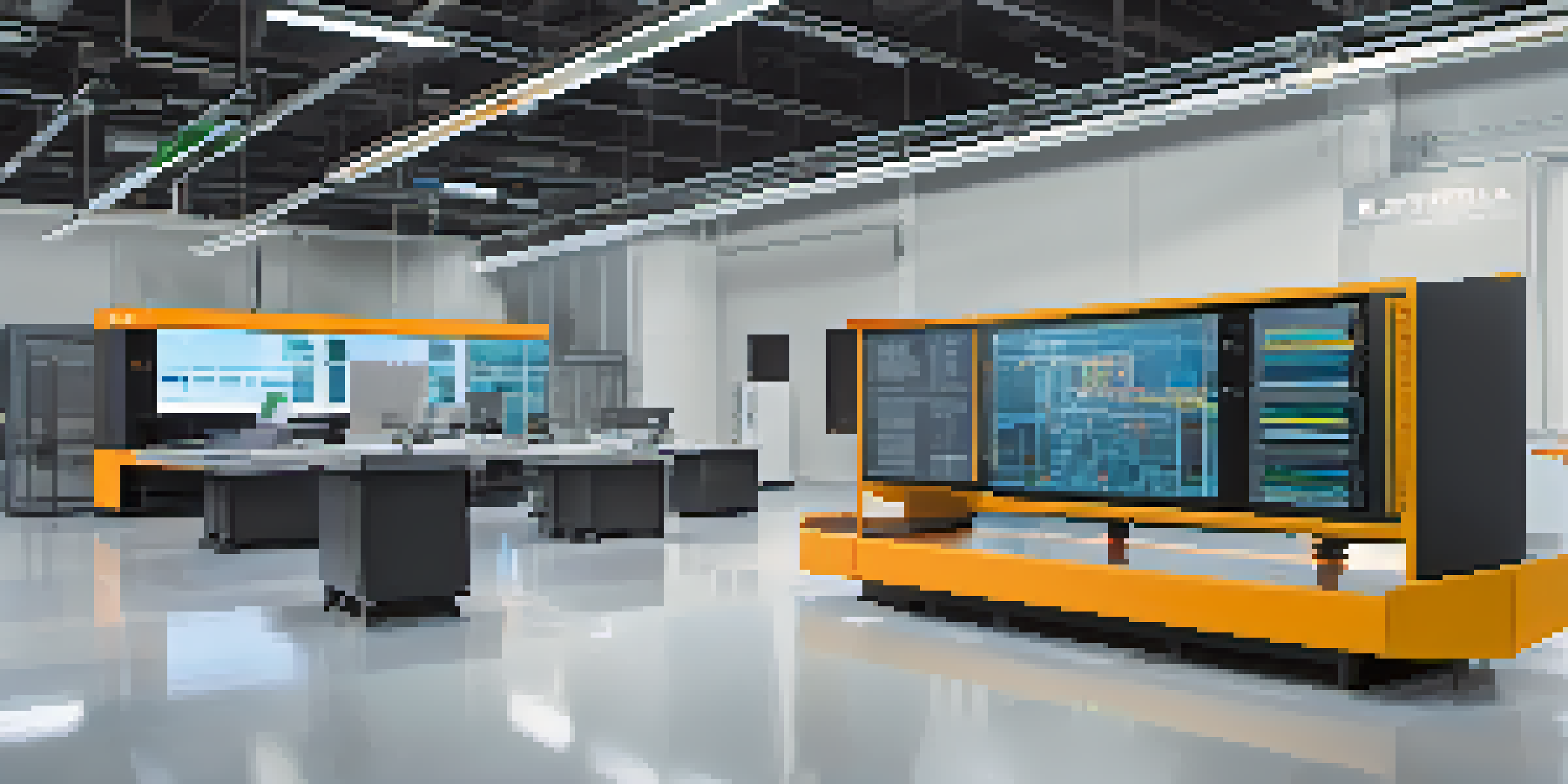 A computer screen displaying a colorful 3D digital twin model of a factory floor, with animated machinery and data overlays in a modern office setting.