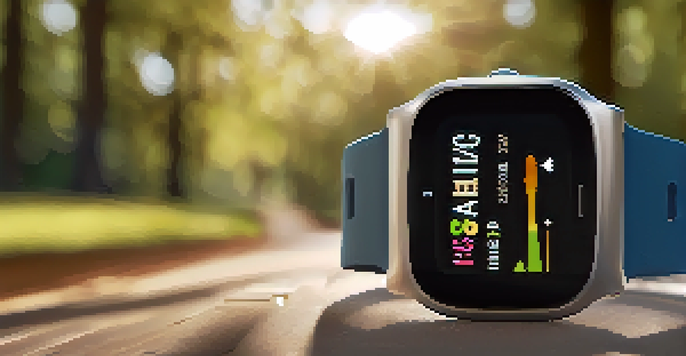 A close-up of a smartwatch on a wrist showing fitness data, with a park background and sunlight filtering through trees.