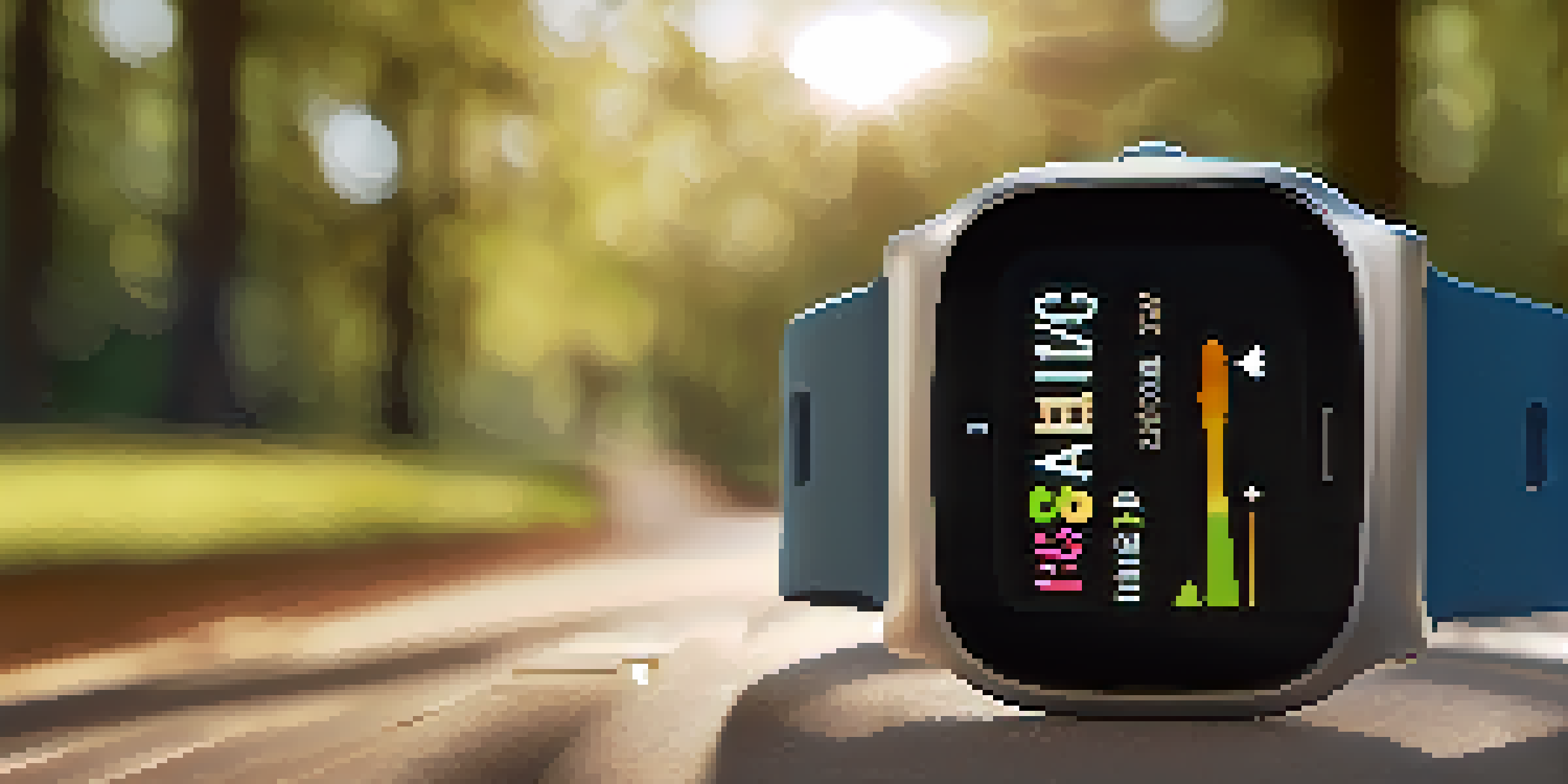 A close-up of a smartwatch on a wrist showing fitness data, with a park background and sunlight filtering through trees.